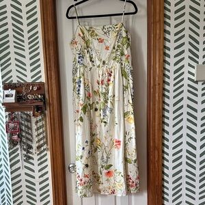 H&M Cream Linen Blend Dress with Floral Accents